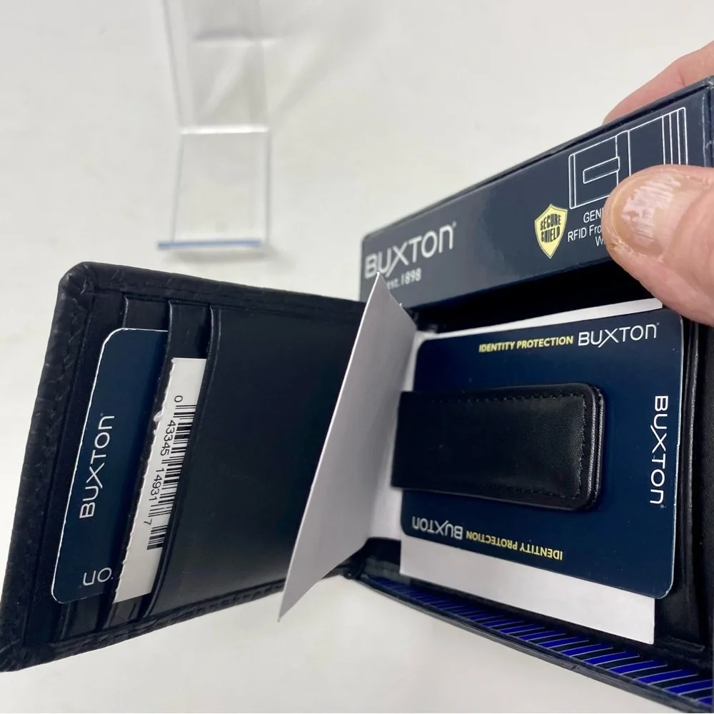 NIB Buxton Bellamy Black Leather Textured Design RFID Front Pocket Flip Wallet